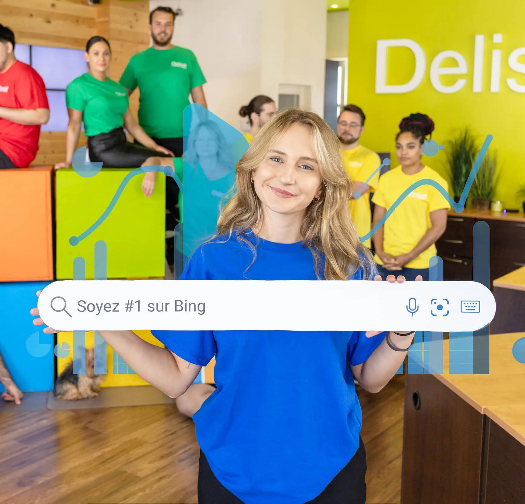 The Delisoft team in its Longueuil offices, behind a “Be #1 on Bing” search bar