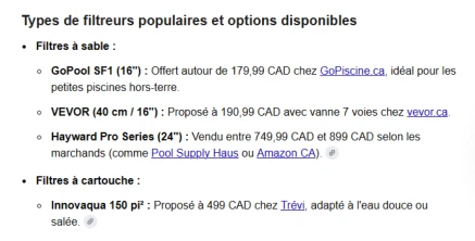 Types de filtreurs recommandés par l’aperçu IA de Google, avec les prix et les marchands