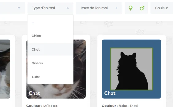Recherche avec filtres (type d’animal, race, couleur) sur le site web sur mesure d’Identrac