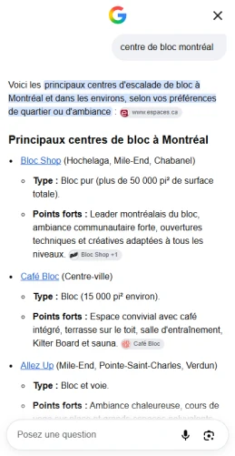 Réponse de l’IA de Google à la recherche « centre de bloc montréal »