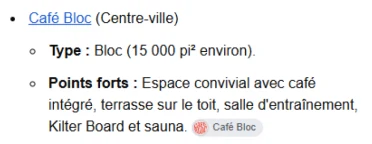 Café Bloc recommandé dans la réponse de l’IA de Google, avec son type de centre et ses points forts
